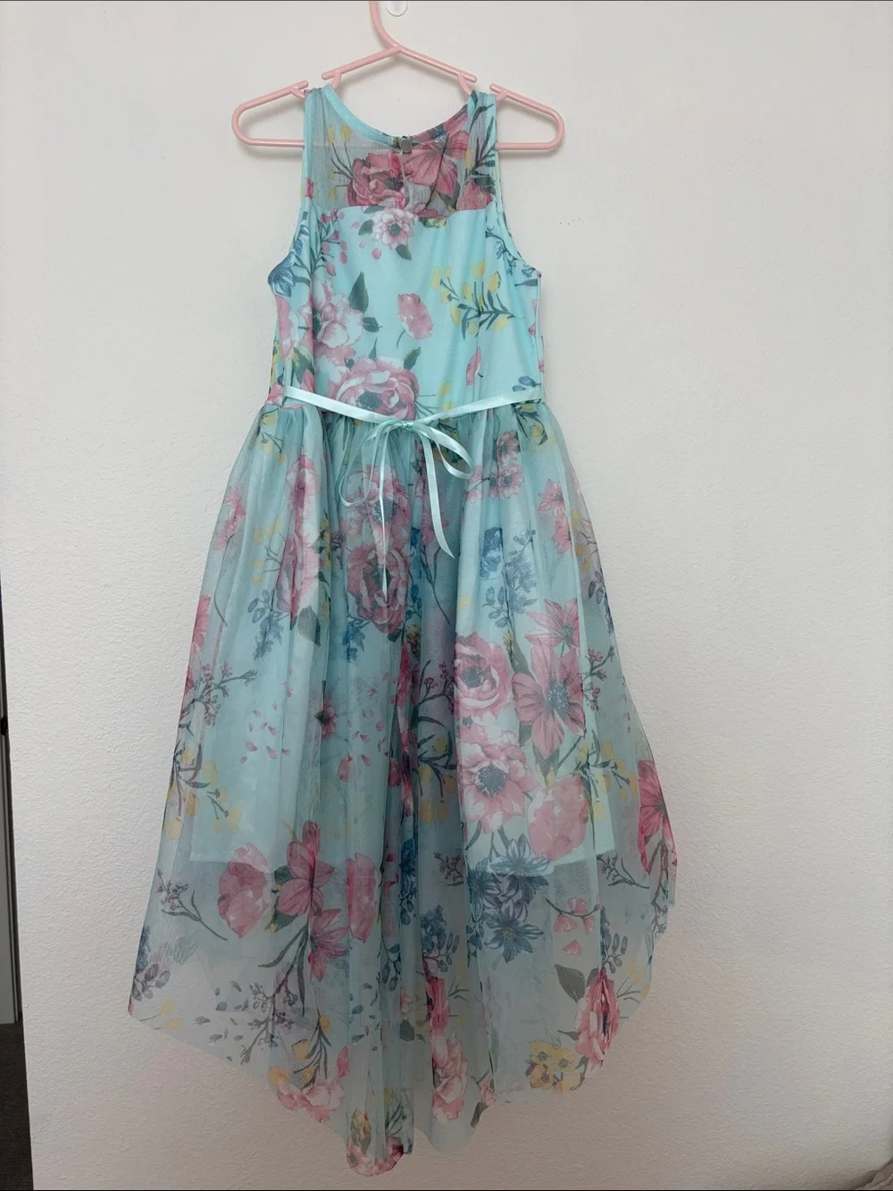 NWOT Girls' Light Blue Floral Tulle High-Low Party Dress